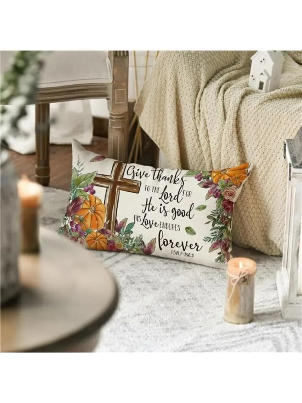Thanksgiving Pillow Cover 12x20 Give Thanks Fall Harvest Cushion Case for Sofa C